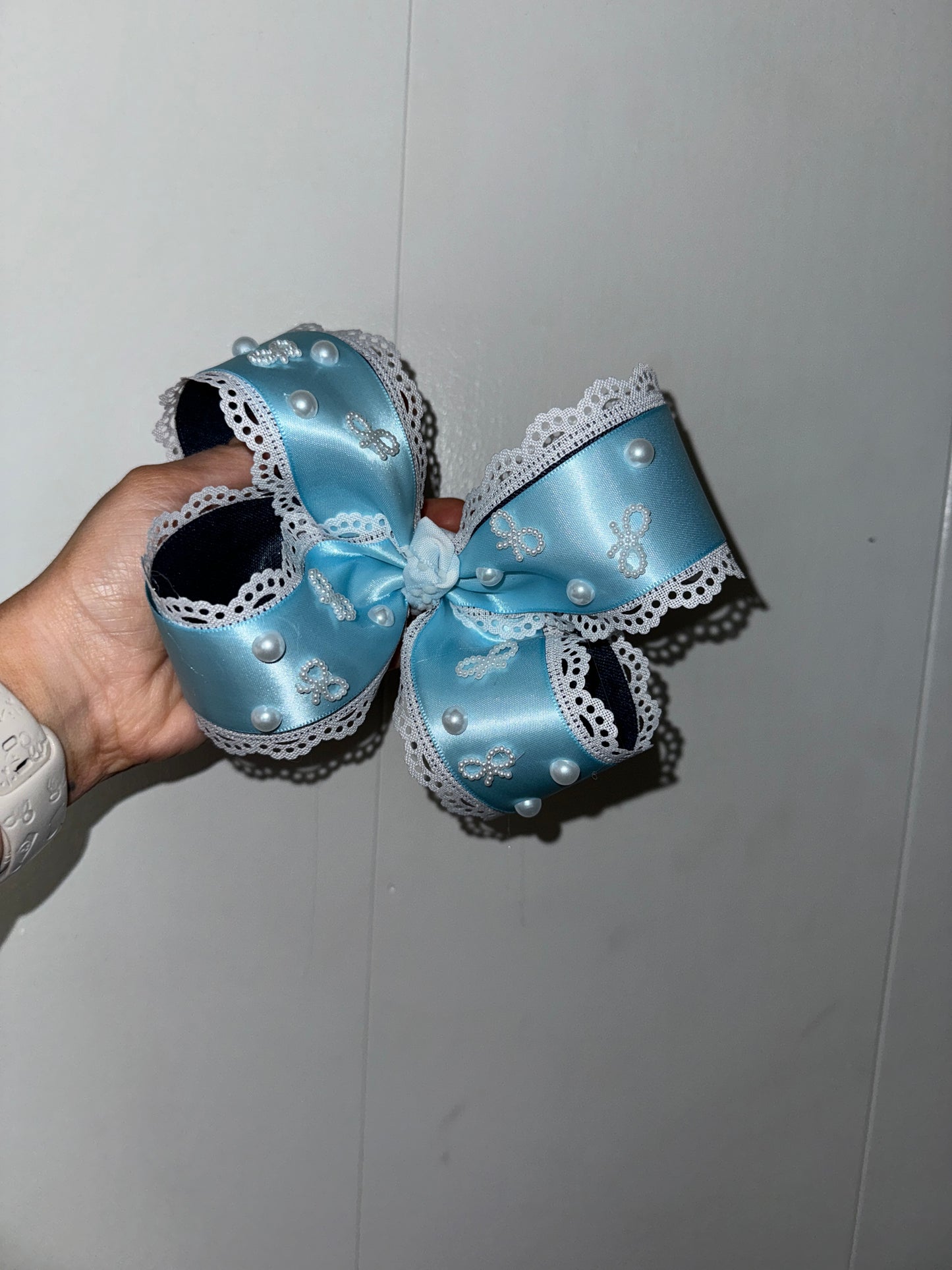 Satin, Lace & Pearls Bow - blue