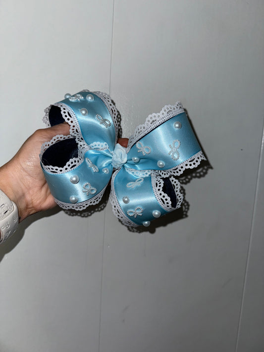 Satin, Lace & Pearls Bow - blue